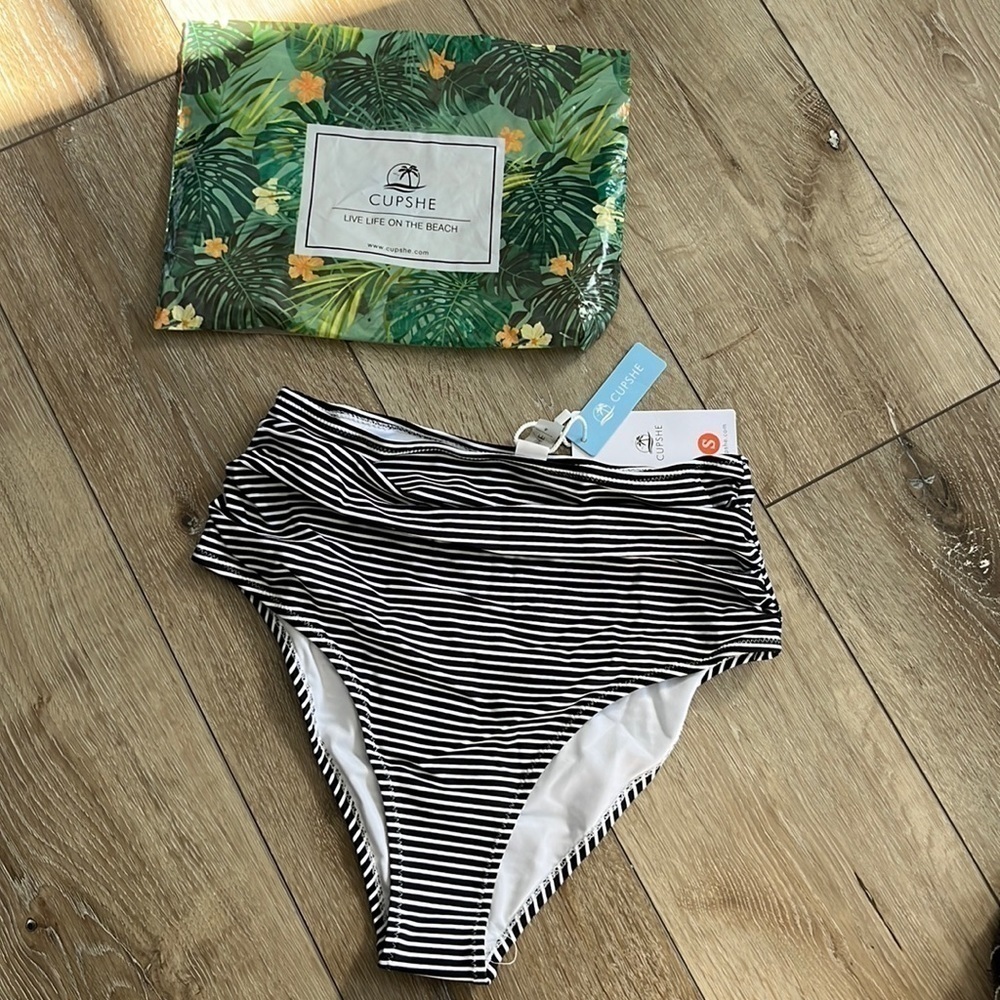 New Cupshe high waist striped Bikini Bottoms Black & White